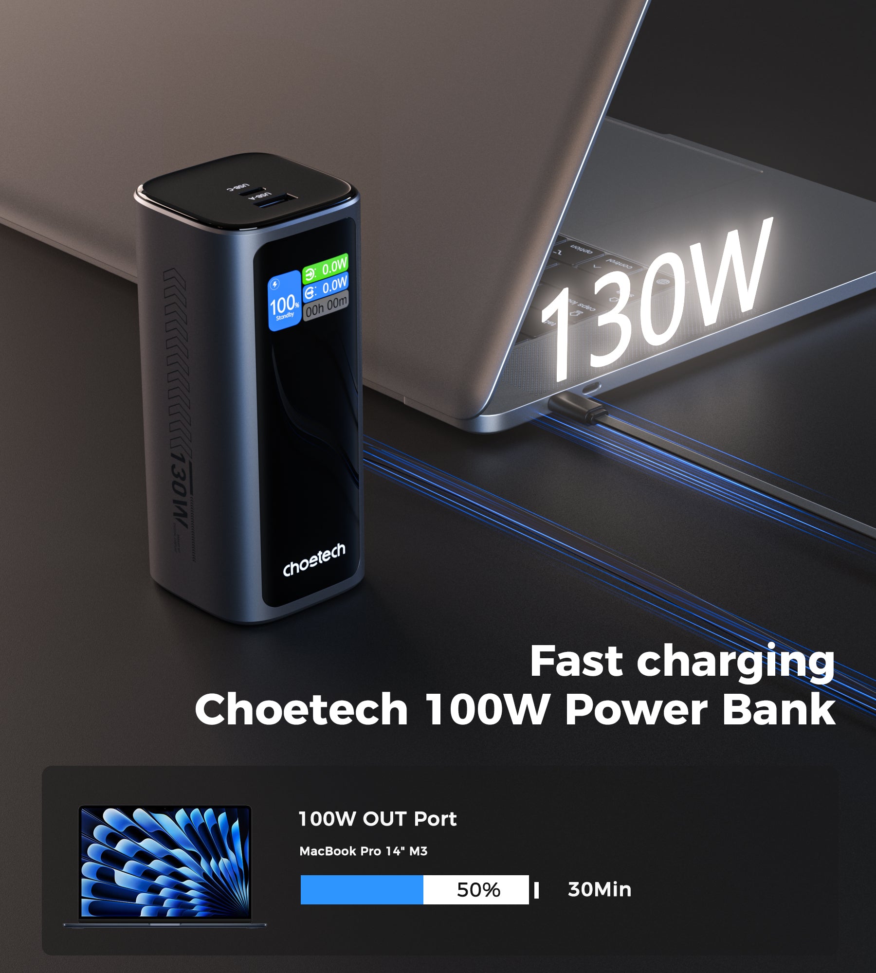Choetech PowerLeap 20000mAh 130W Built-in USB-C Cable TFT Display Fast Charging Power Bank
