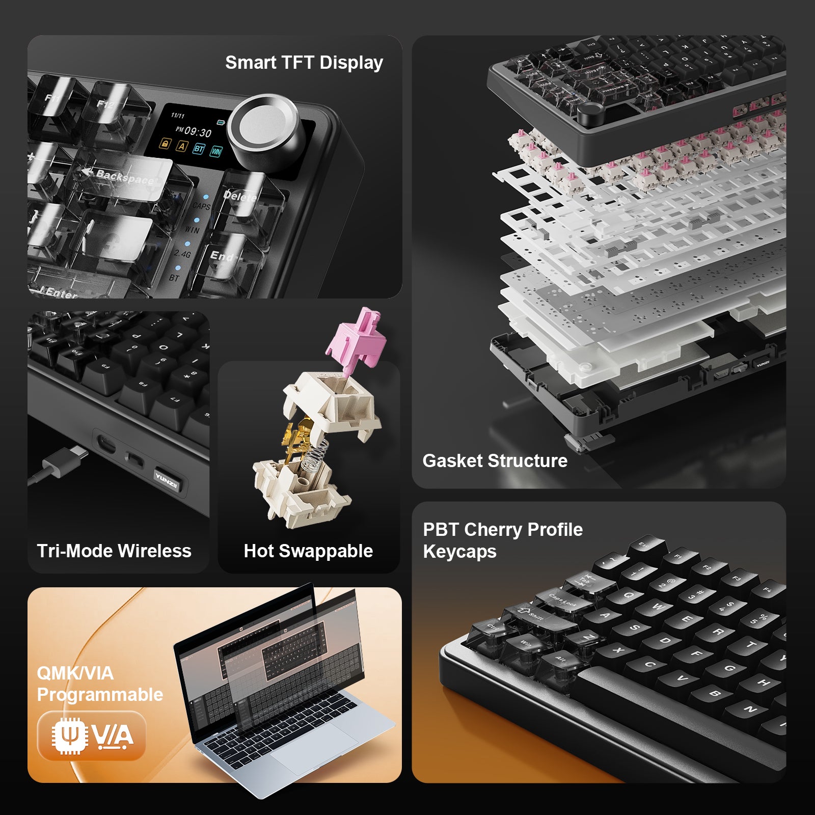 YUNZII B75 PRO MAX QMK/VIA Knob TFT Screen Wireless Mechanical Keyboard