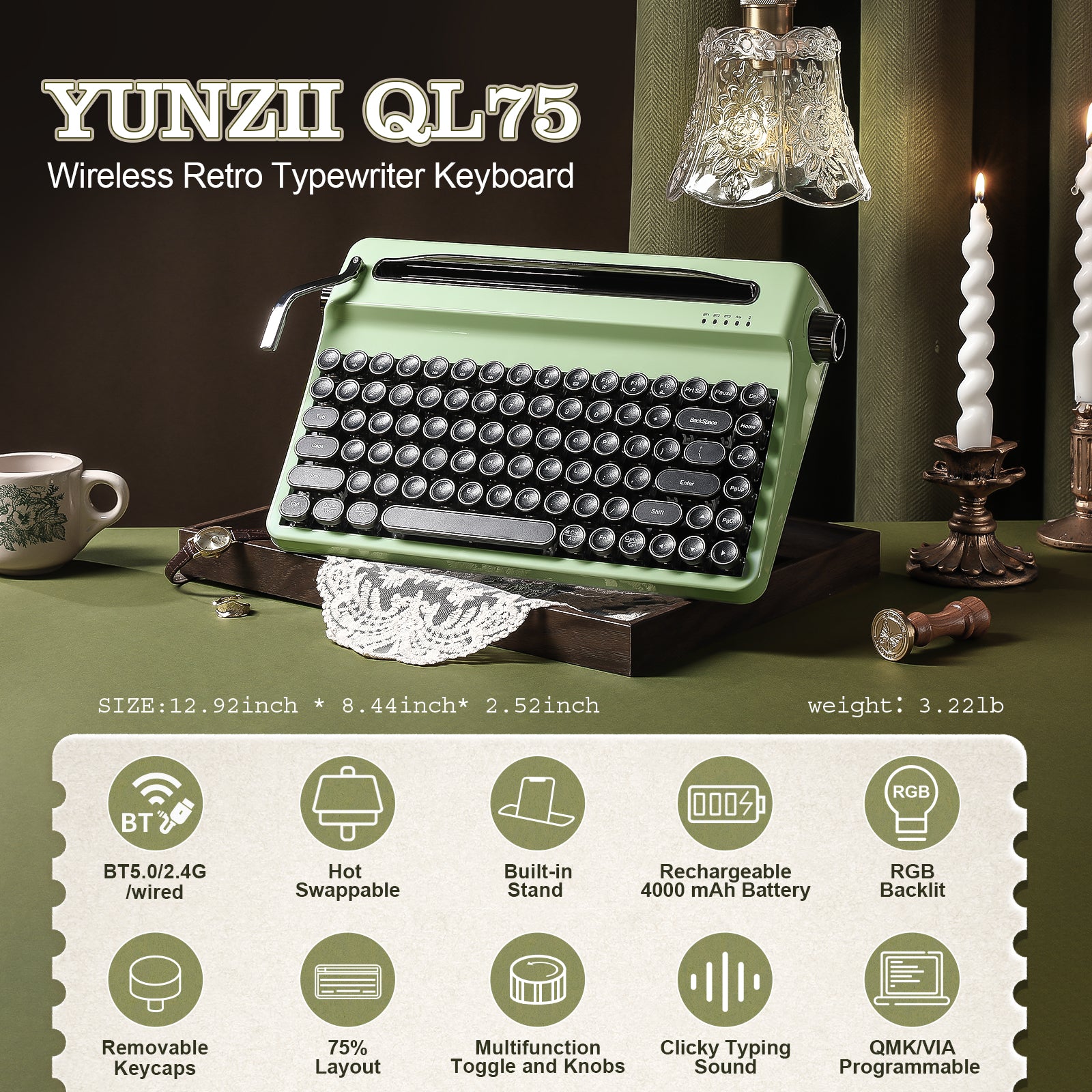 YUNZII QL75 Retro Typewriter QMK/VIA Wireless Mechanical Keyboard