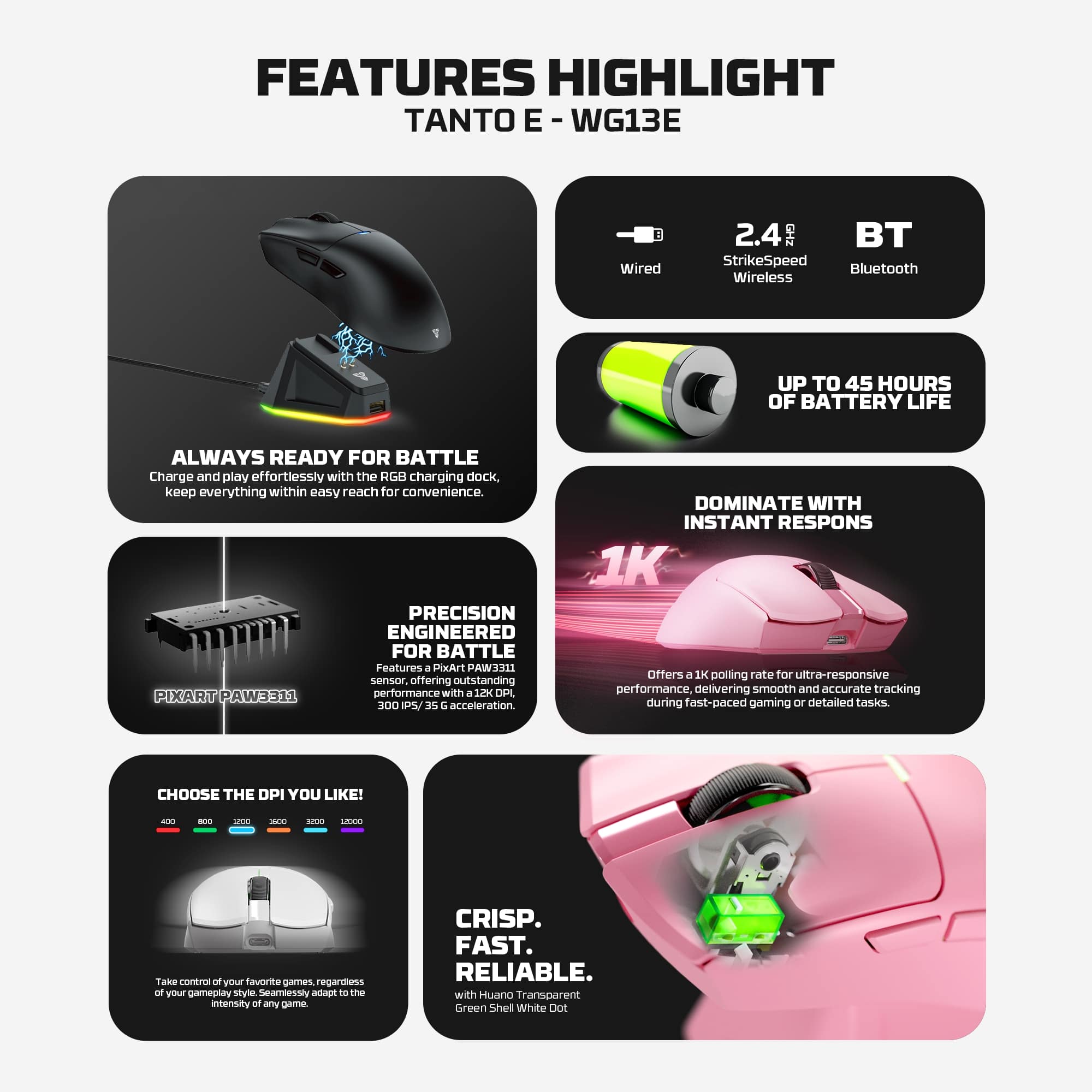 Fantech TANTO E/S Tri-Mode Wireless Gaming Mouse with RGB Charging Dock