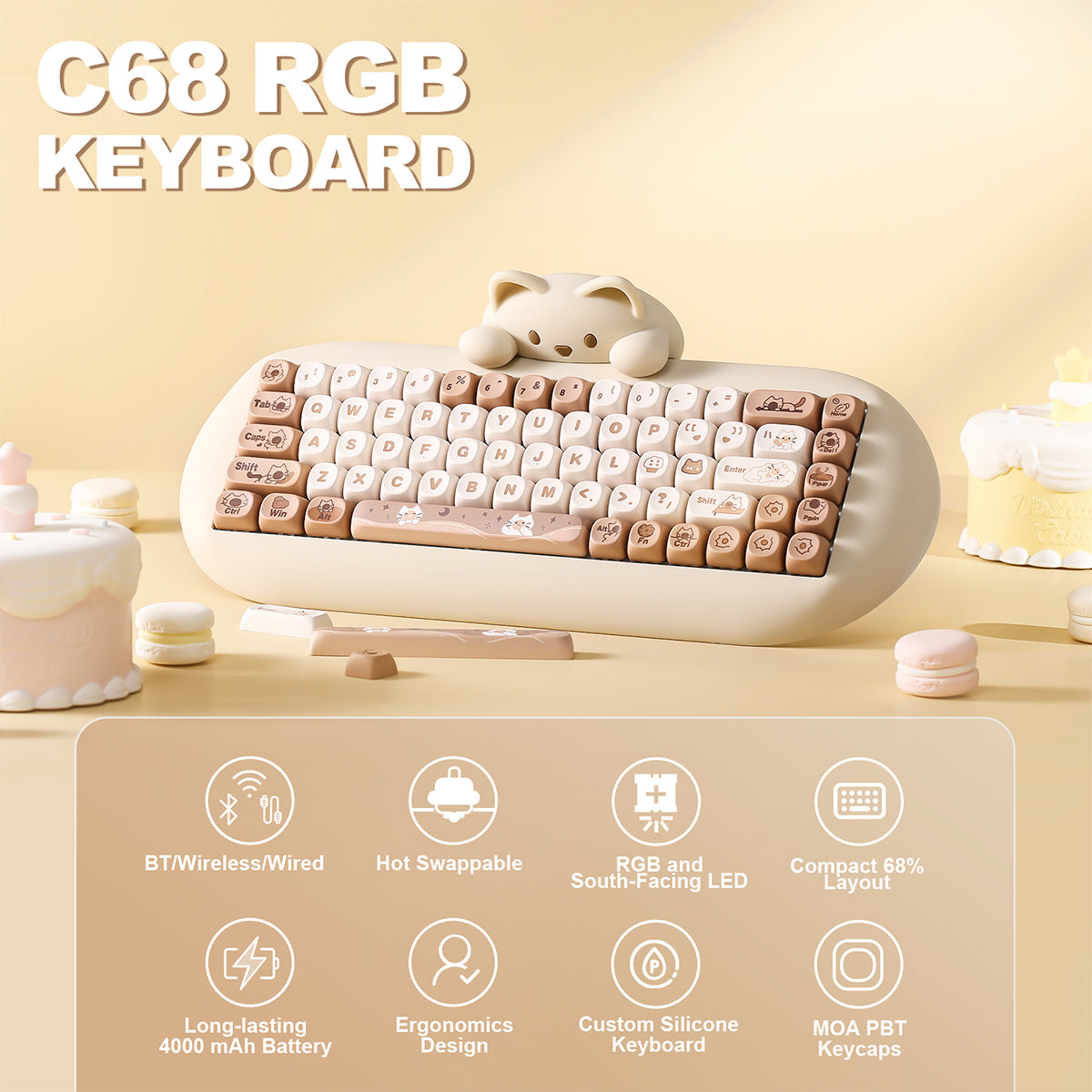 YUNZII C68 Meow Bluetooth Wireless Mechanical Cat Keyboard Milk Switch