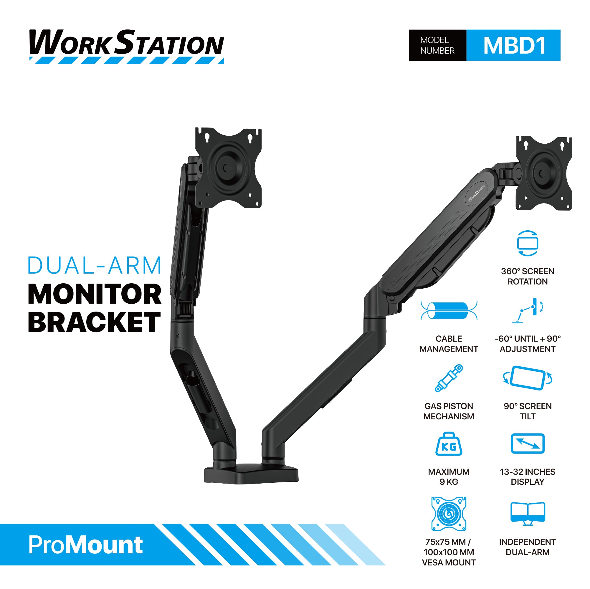 WorkStation MBD01 Dual-Arm Monitor Bracket 90 degree tilt for 13" to 32" Screen