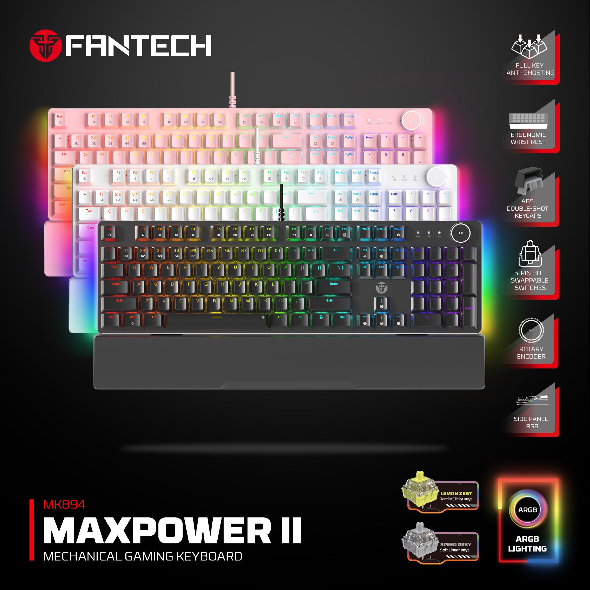 Fantech MAXPOWER II Wired Hot-Swap RGB Backlight Mechanical Keyboard with Wrist Rest