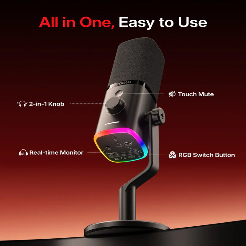 MAONO PD100W Wireless & USB Dynamic Microphone for Podcasting, Game Streaming (Desktop stand)