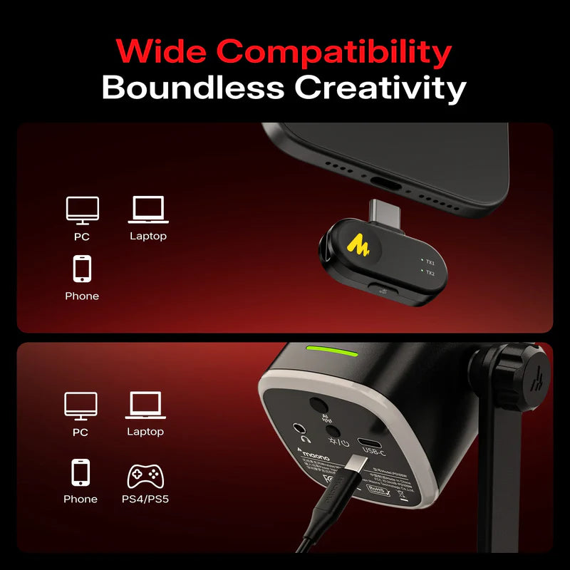 MAONO PD100W Wireless & USB Dynamic Microphone for Podcasting, Game Streaming (Desktop stand)