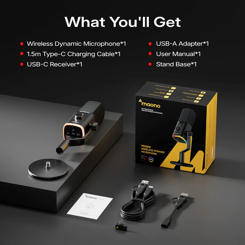 MAONO PD100W Wireless & USB Dynamic Microphone for Podcasting, Game Streaming (Desktop stand)
