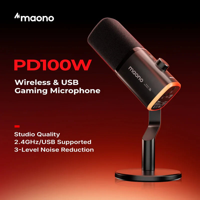MAONO PD100W Wireless & USB Dynamic Microphone for Podcasting, Game Streaming (Desktop stand)