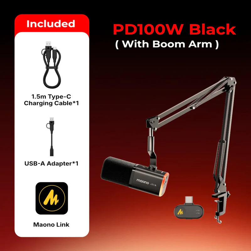 MAONO PD100W Wireless & USB Dynamic Microphone for Podcasting, Game Streaming (Desktop stand)