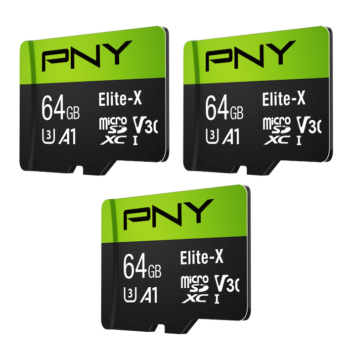PNY 64GB Elite-X U3 V30 A1 MicroSDXC Memory Card Up to 100MB/s Read - 3 pack w/Adapter