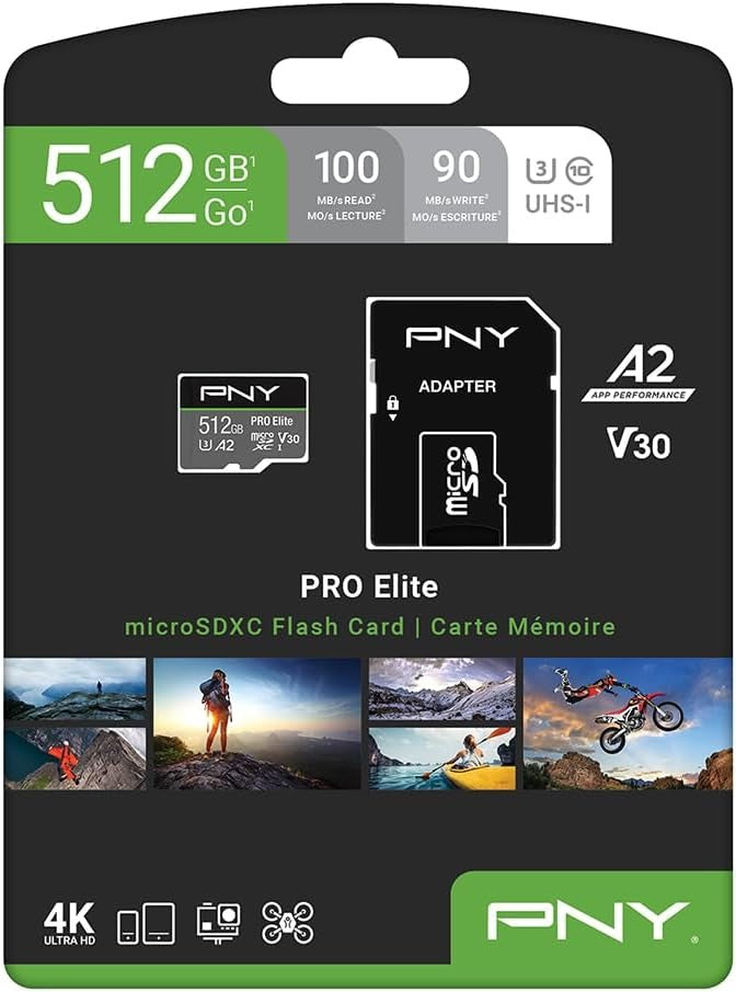 PNY 512GB PRO Elite U3 V30 A2 MicroSDXC Memory Card Up to 100MB/s Read w/Adapter