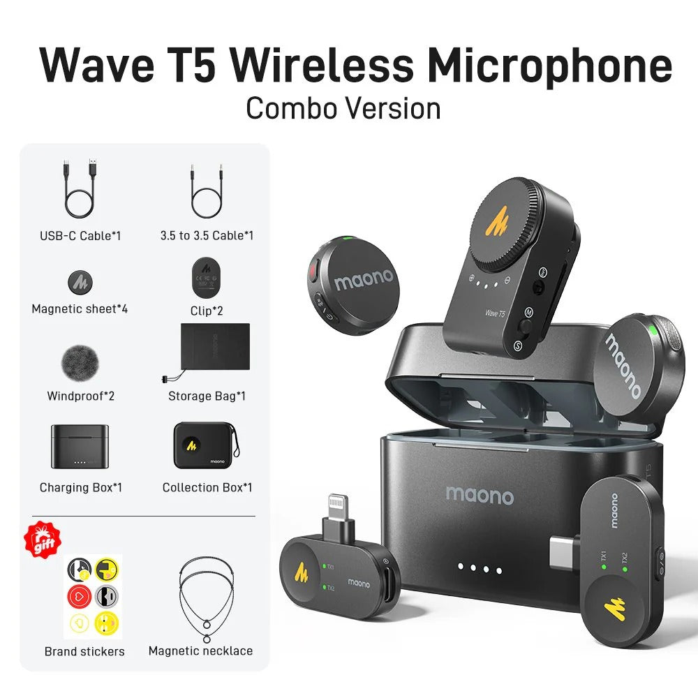 MAONO WAVE T5 Wireless Lavalier Microphone (2MICS) Combo For Carmera / Lightning / Type-C