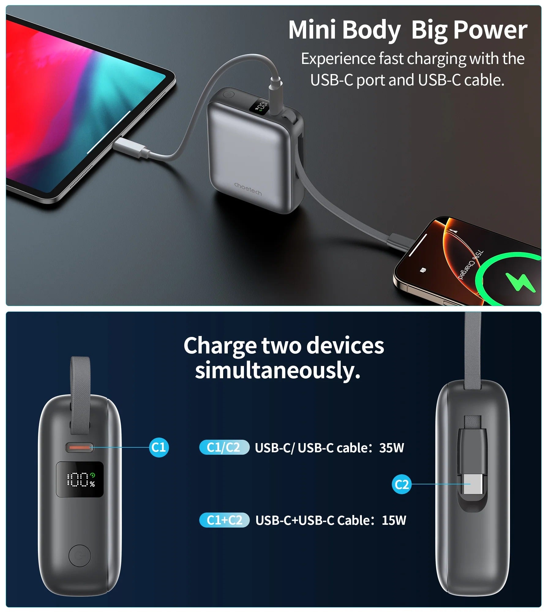 Choetech PowerLeap 10000mAh 35W Built-in USB-C Cable Mini Power Bank