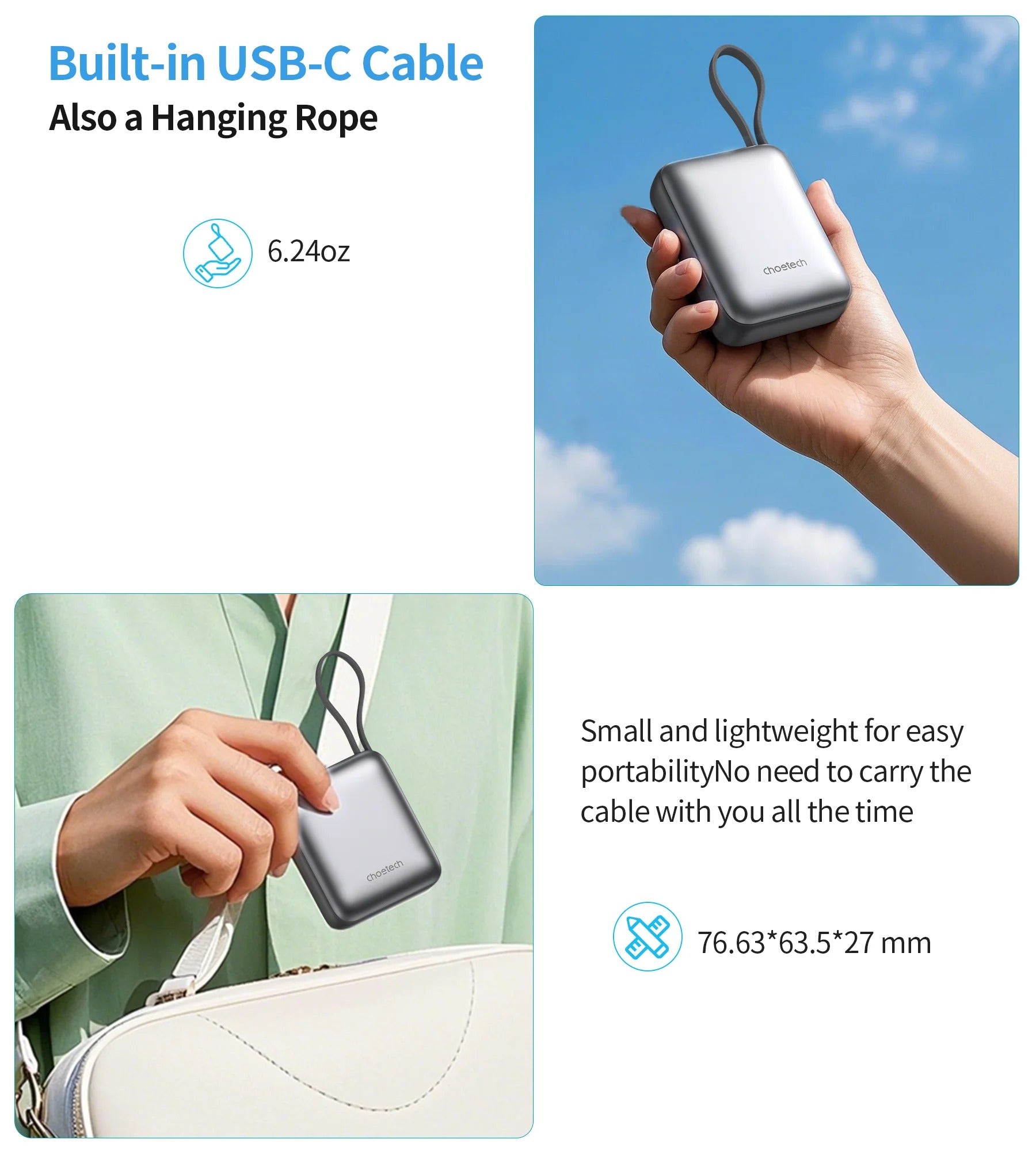 Choetech PowerLeap 10000mAh 35W Built-in USB-C Cable Mini Power Bank