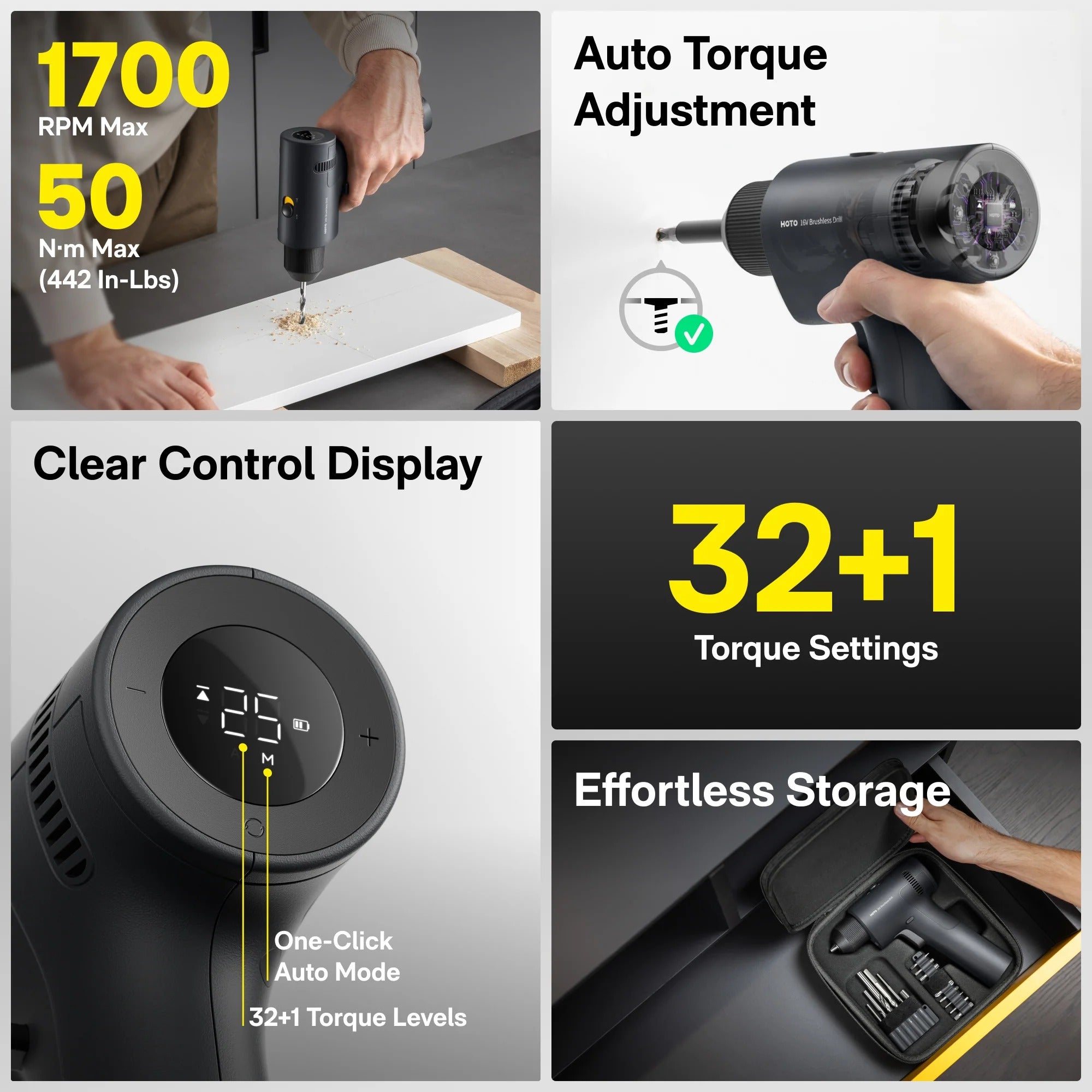 HOTO 16V Brushless Drill LED Display Screen, 32 Precision Gears