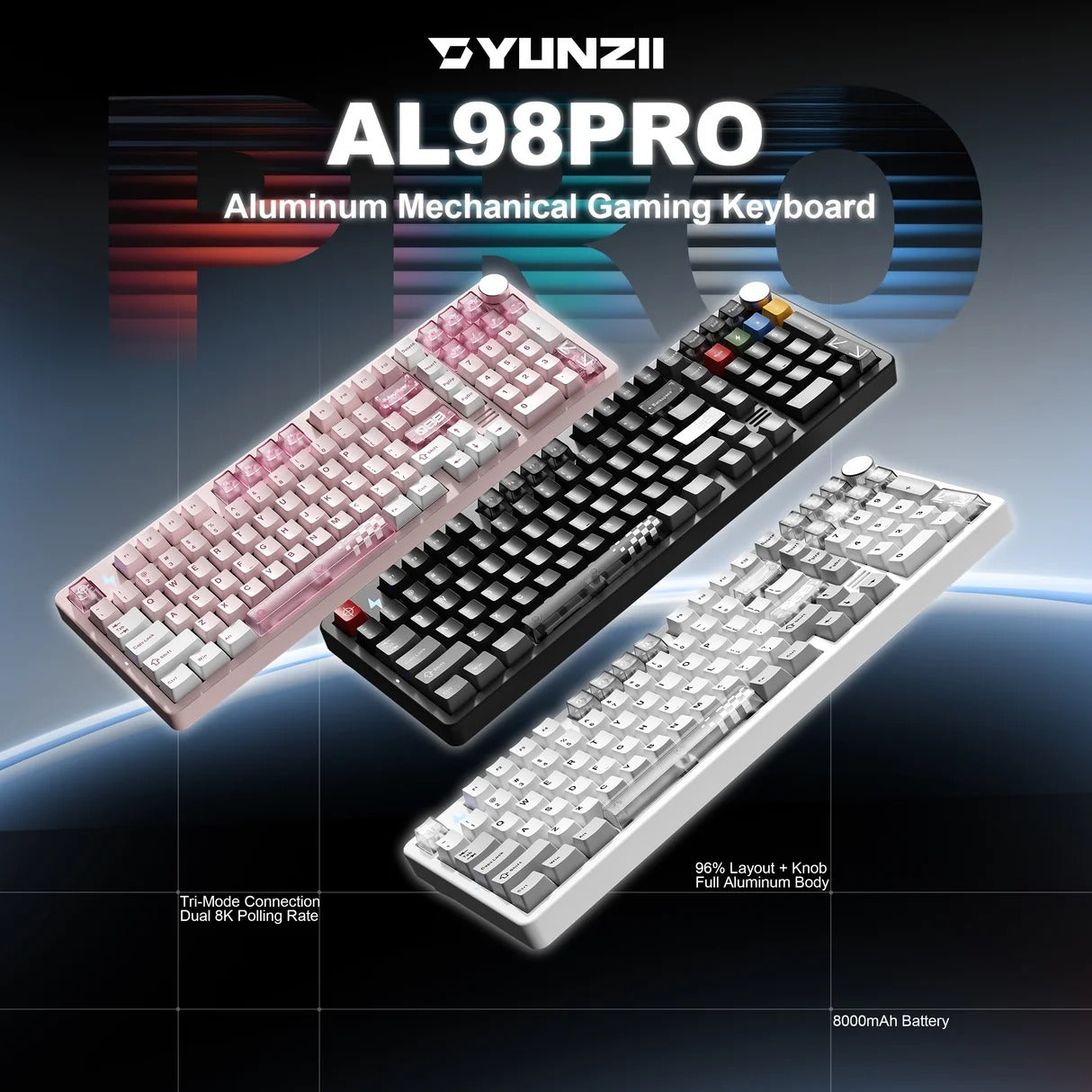 YUNZII AL98 PRO Dual-8K Wireless Aluminum Mechanical Keyboard with Wrist Rest