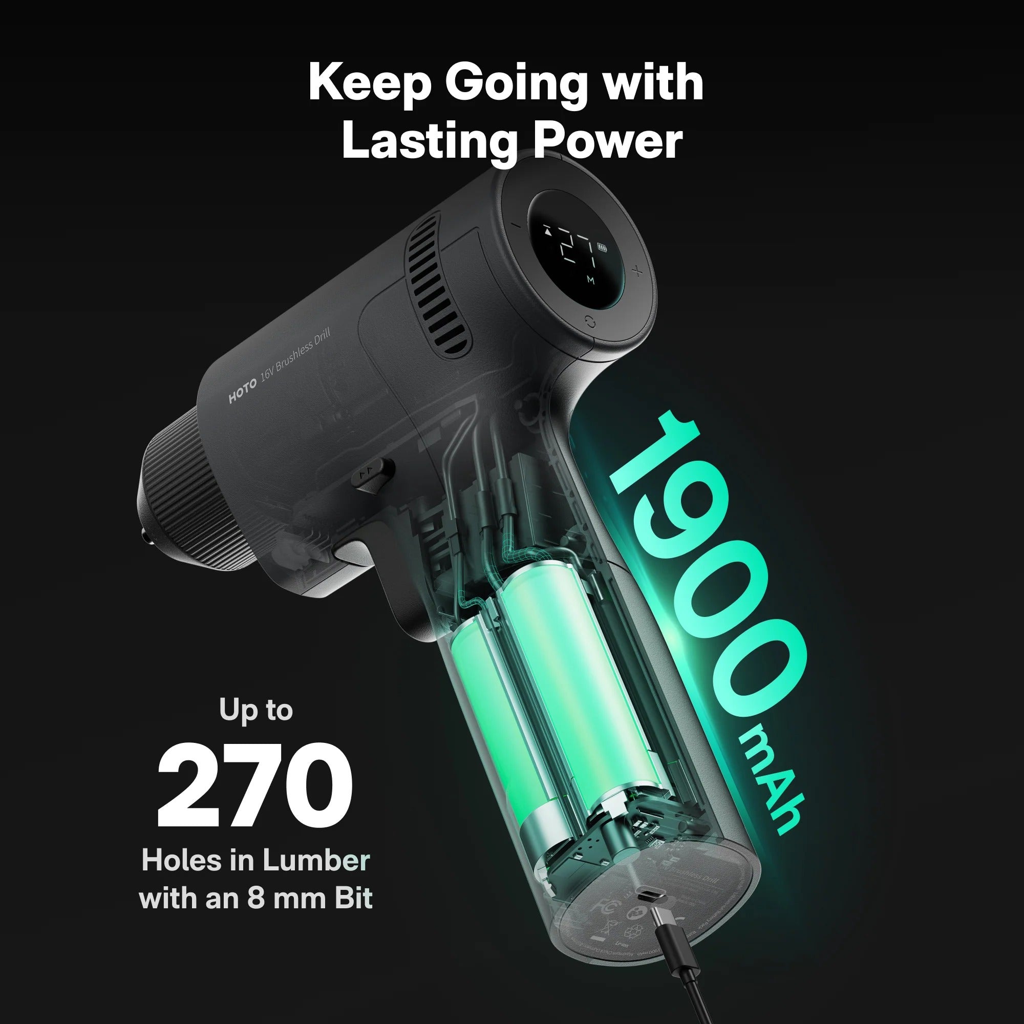 HOTO 16V Brushless Drill LED Display Screen, 32 Precision Gears