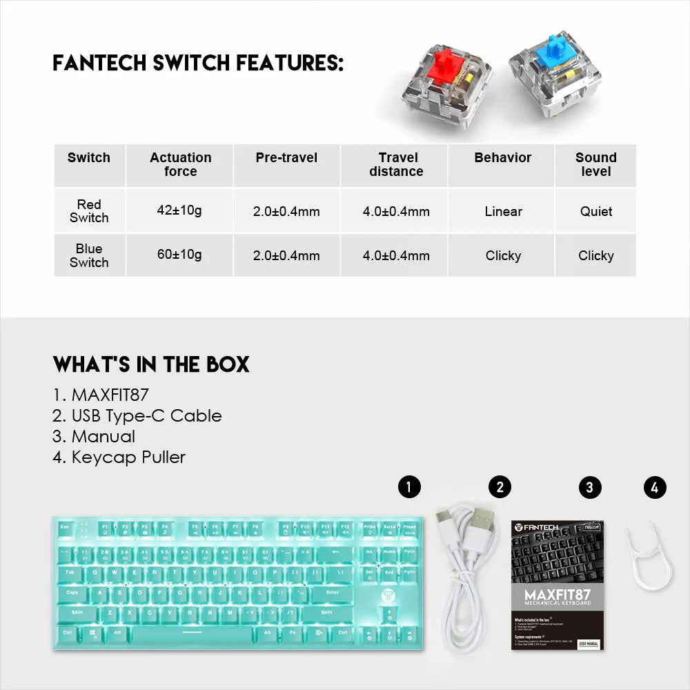 Fantech Gaming PC Mechanical Keyboard TKL White LED Backlit 87 Keys Mint Computer Keyboard (MK856) (Mint)