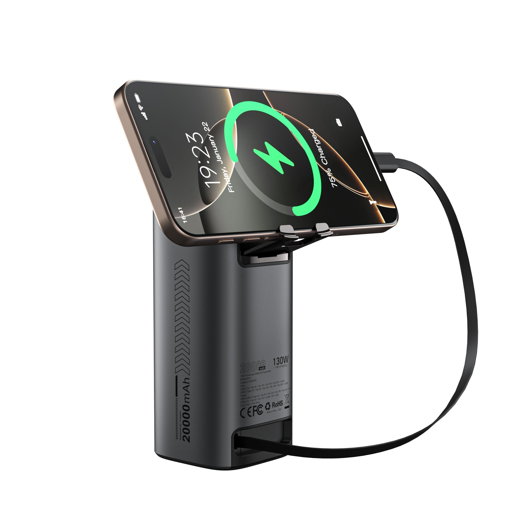 Choetech PowerLeap 20000mAh 130W Built-in USB-C Cable TFT Display Fast Charging Power Bank