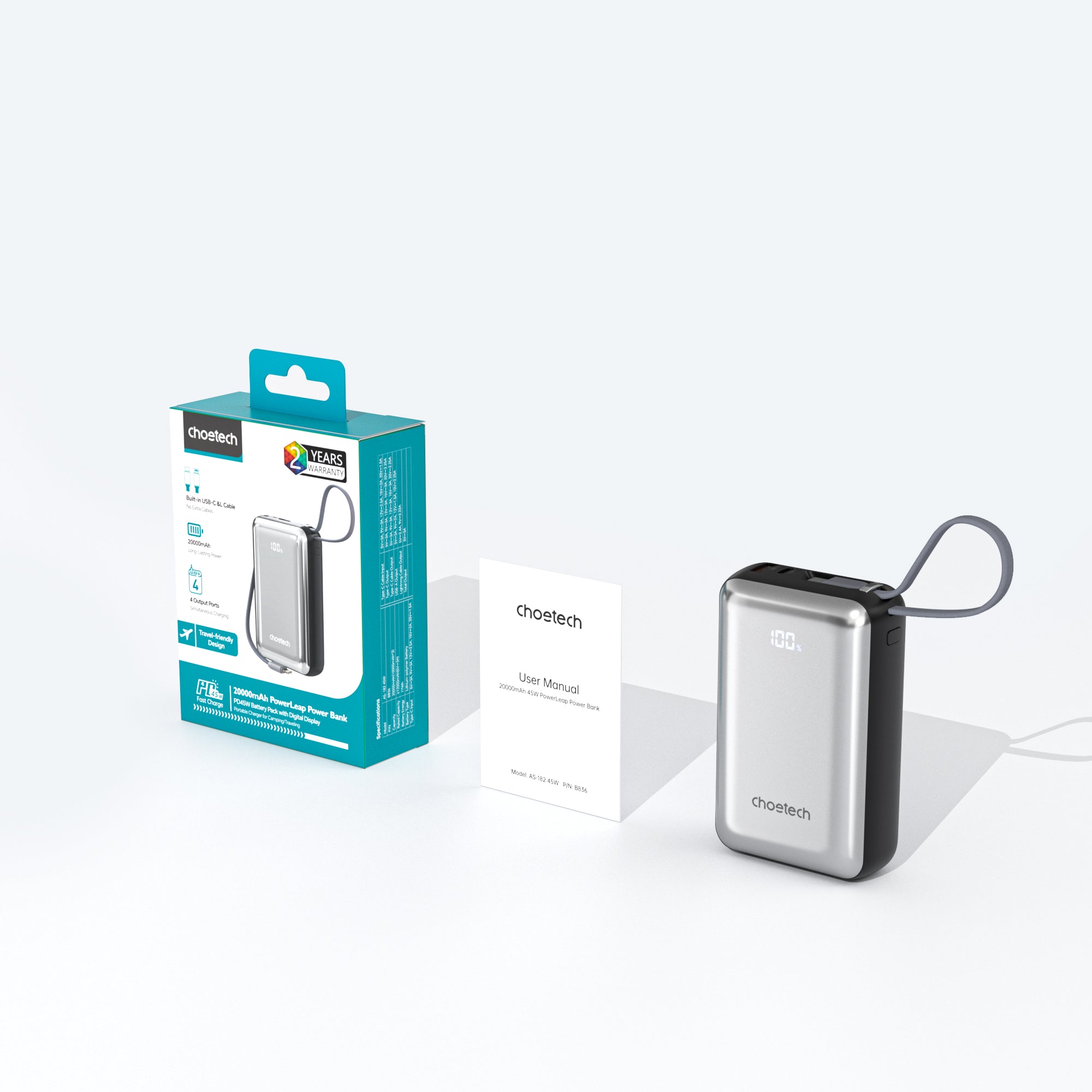 Choetech PowerLeap 20000mAh 45W Power Bank with USB-C and Lightning Cables