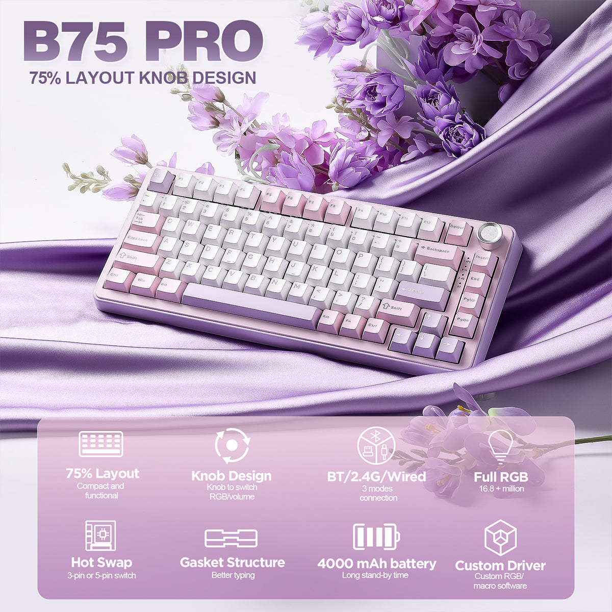 YUNZII B75 Pro Tri-Mode Hot-Swap Wireless Mechanical Keyboard