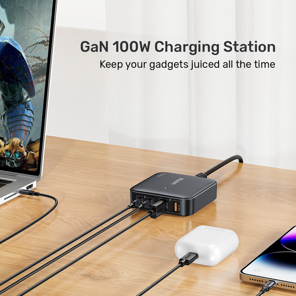 Unitek 100W Desktop GaN Charging Station, Supports USB-C*2 PD3.0 (100W) + USB-A*2 QC3.0 (22.5W), 1.5M AC Power Cord