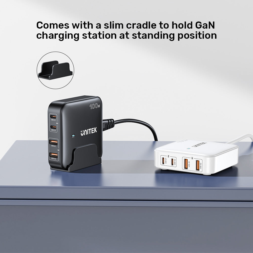 Unitek 100W Desktop GaN Charging Station, Supports USB-C*2 PD3.0 (100W) + USB-A*2 QC3.0 (22.5W), 1.5M AC Power Cord