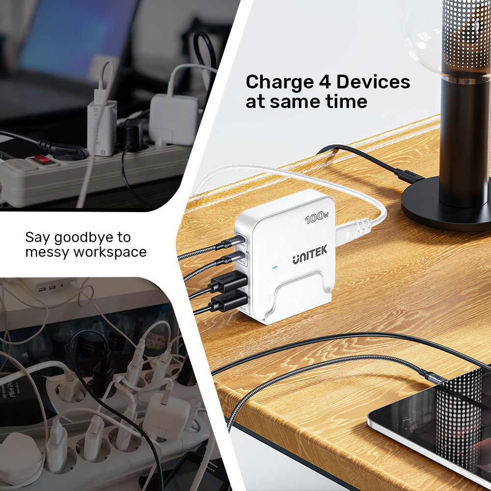 Unitek 100W Desktop GaN Charging Station, Supports USB-C*2 PD3.0 (100W) + USB-A*2 QC3.0 (22.5W), 1.5M AC Power Cord