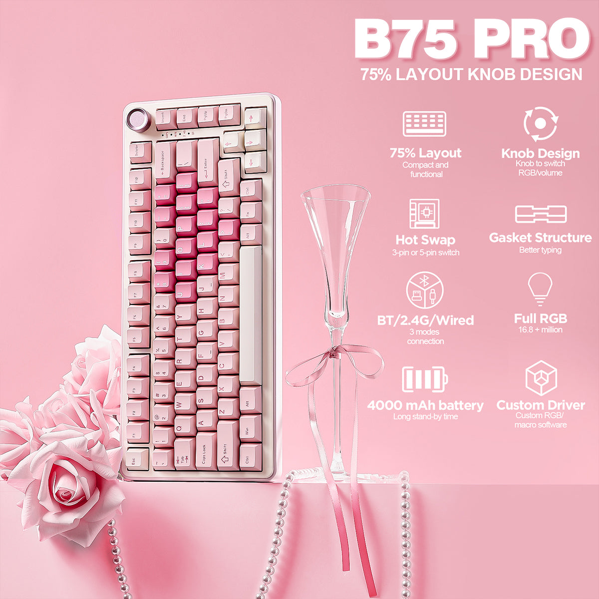 YUNZII B75 Pro Tri-Mode Hot-Swap Wireless Mechanical Keyboard