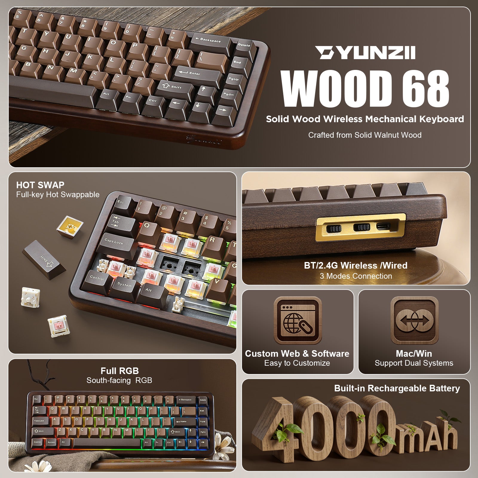 YUNZII WOOD84 Hot-Swap Wireless Tri-Mode Mechanical Keyboard
