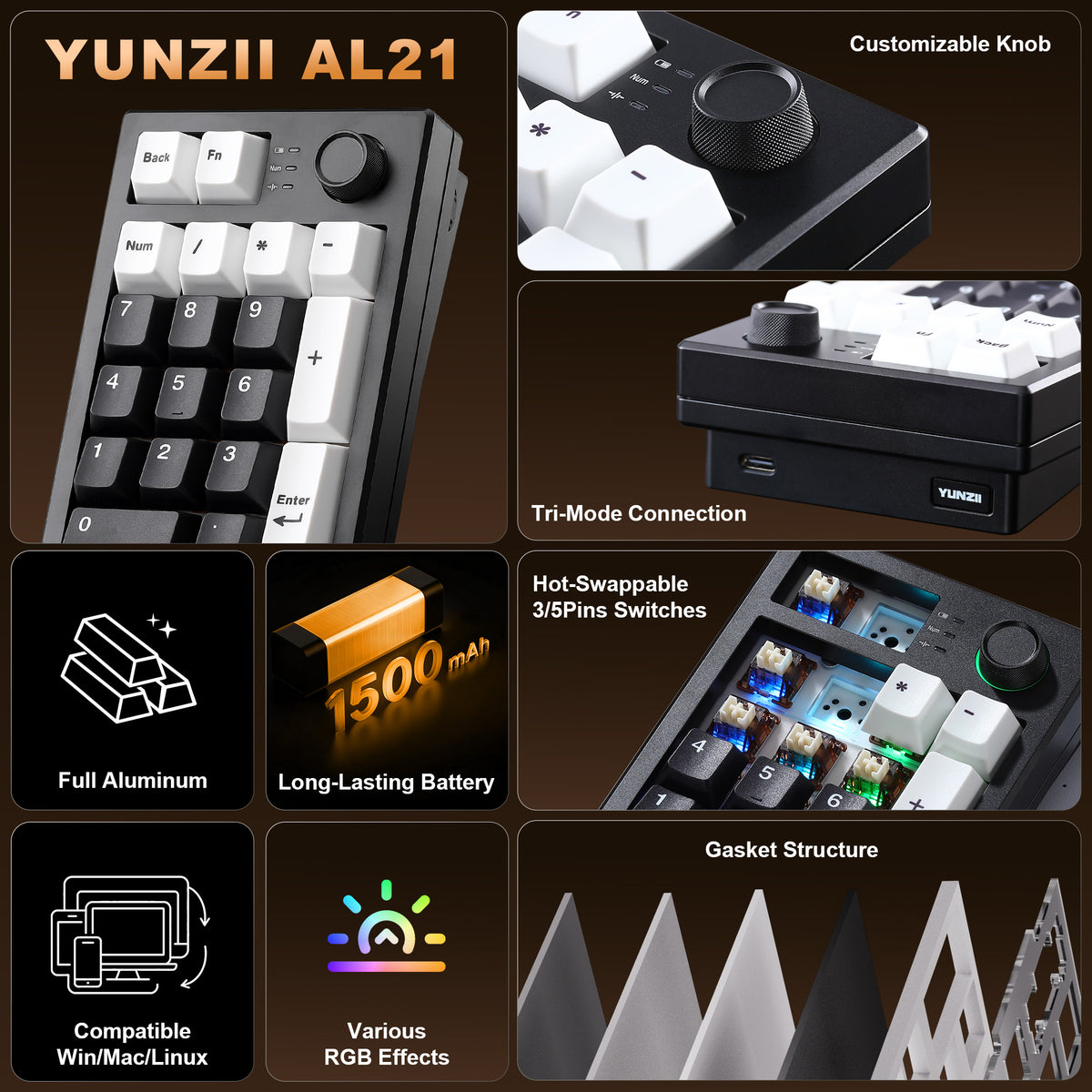 YUNZII AL21 Wireless Aluminum Mechanical Numpad Keyboard with Knob