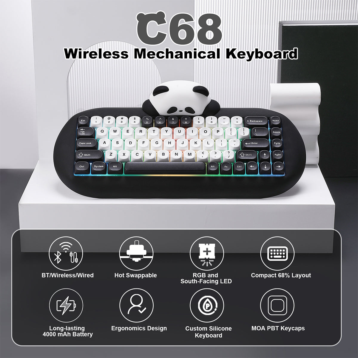 YUNZII C68 Panda Tri-Mode Hot-Swap Hi-Fi Wireless Mechanical Keyboard (Panda Switch)