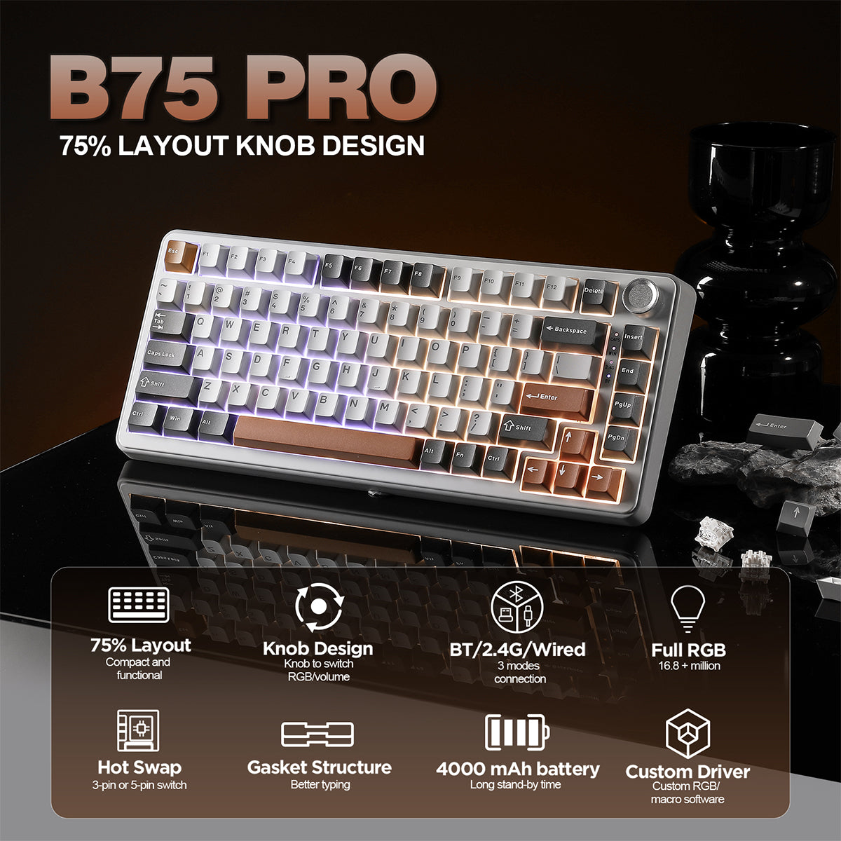 YUNZII B75 Pro Tri-Mode Hot-Swap Wireless Mechanical Keyboard