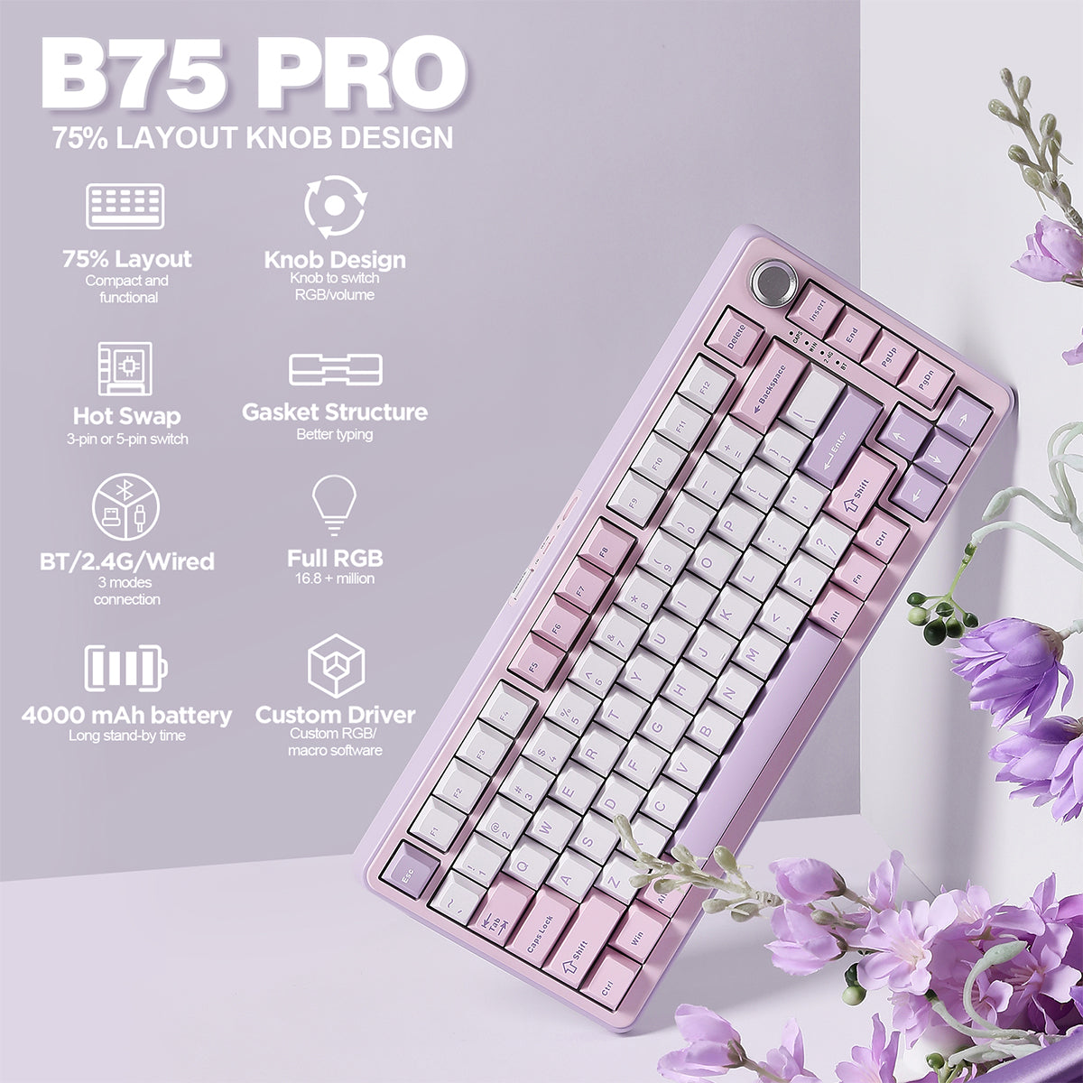 YUNZII B75 Pro Tri-Mode Hot-Swap Wireless Mechanical Keyboard