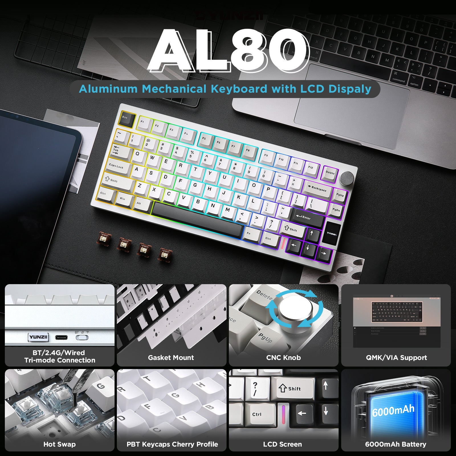 YUNZII AL80 QMK Aluminum Wireless Mechanical Keyboard with LCD Screen