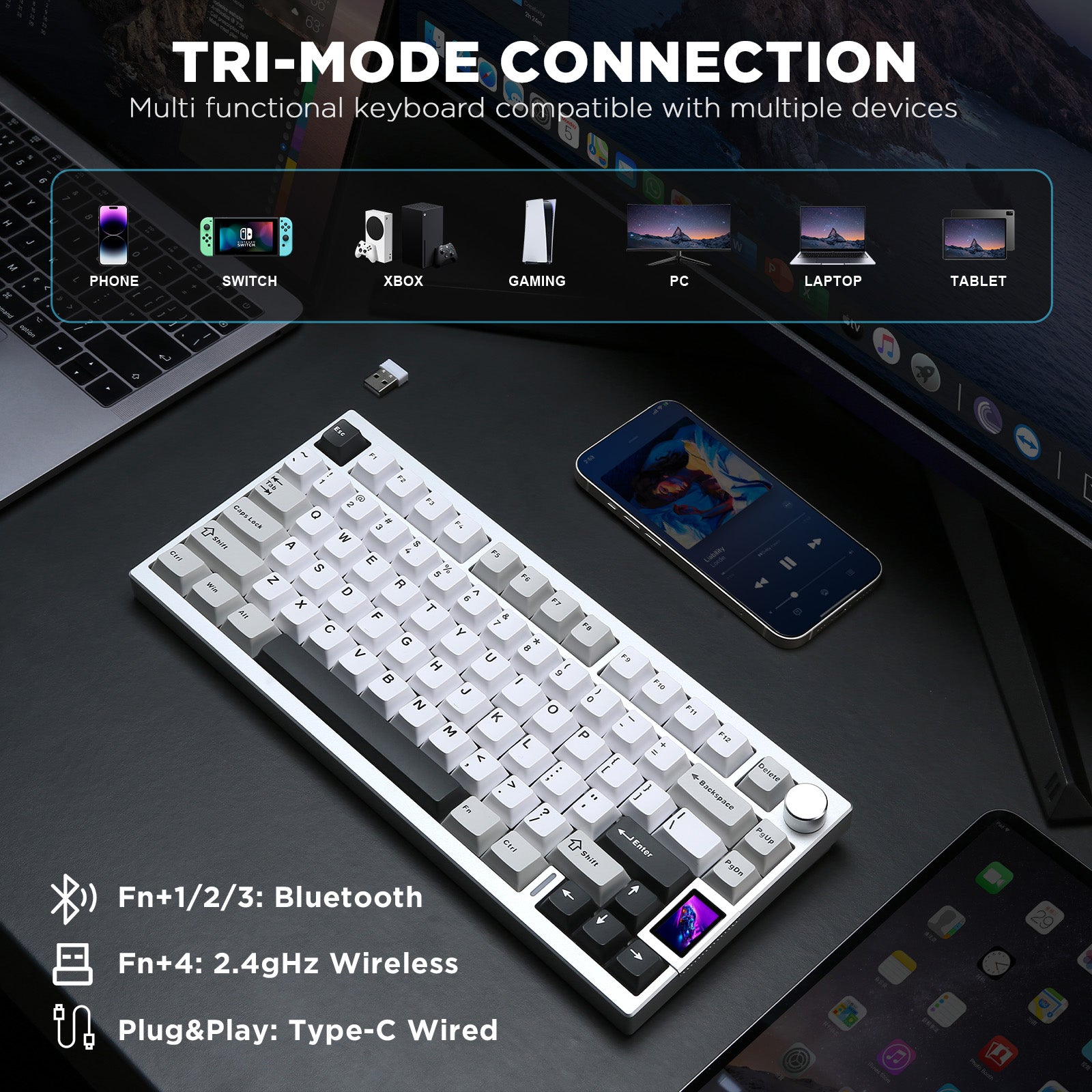 YUNZII AL80 QMK Aluminum Wireless Mechanical Keyboard with LCD Screen