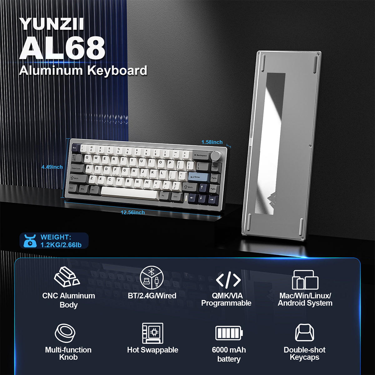 YUNZII AL68 QMK/VIA Tri-Mode Hot-Swap Aluminum Mechanical Keyboard