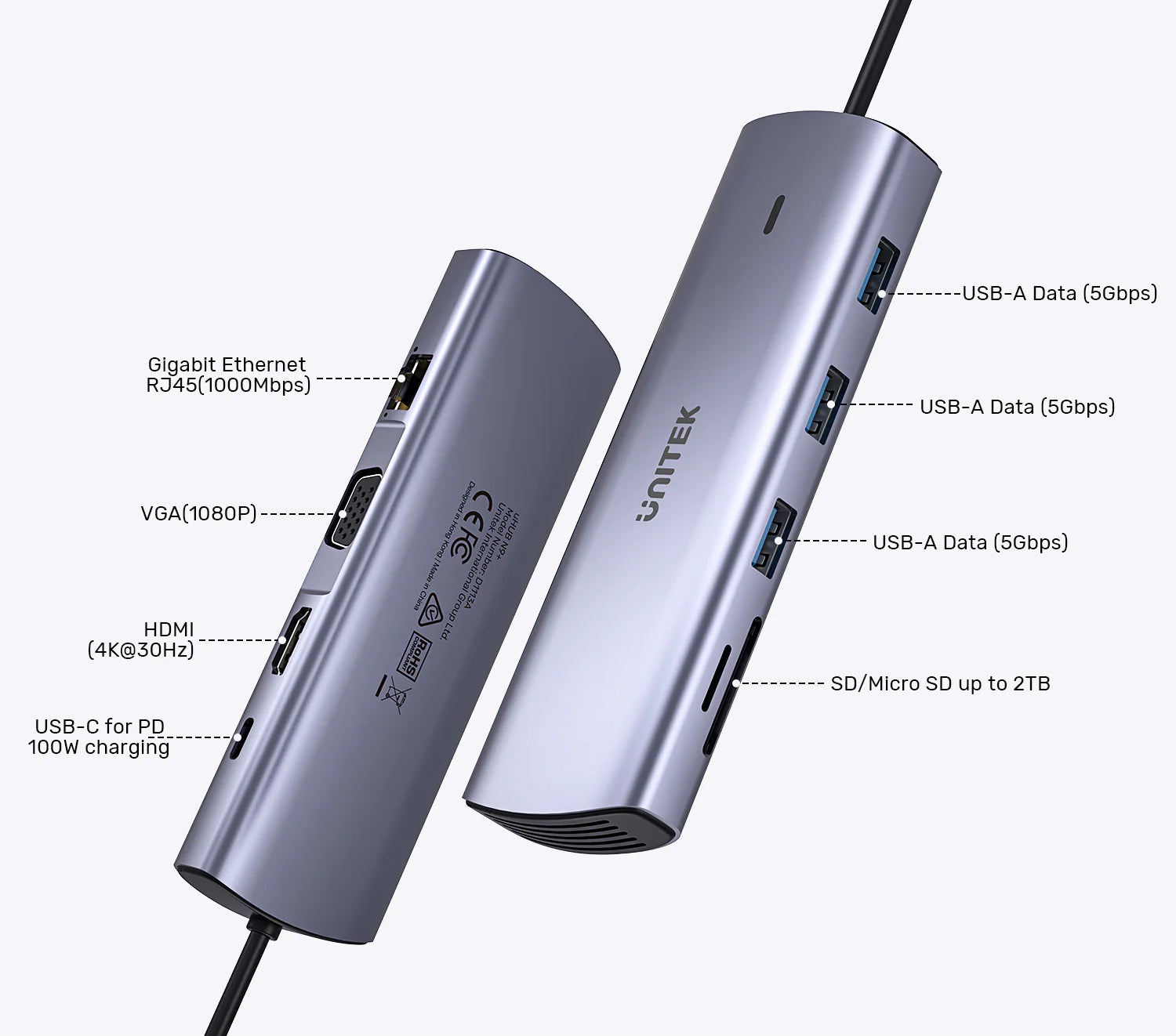 Unitek 9-in-1 USB-C Hub, Dual Display Multi-Port Hub with 100W PD, Gigabit Ethernet and Card Reader