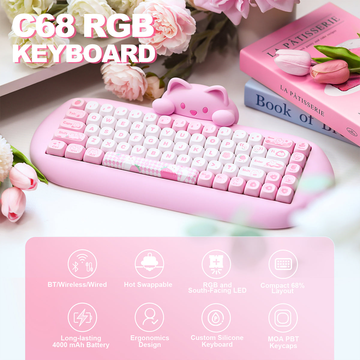 YUNZII C68 Meow Tri-Mode Hot-Swap Hi-Fi Wireless Mechanical Keyboard (Milk Switch)