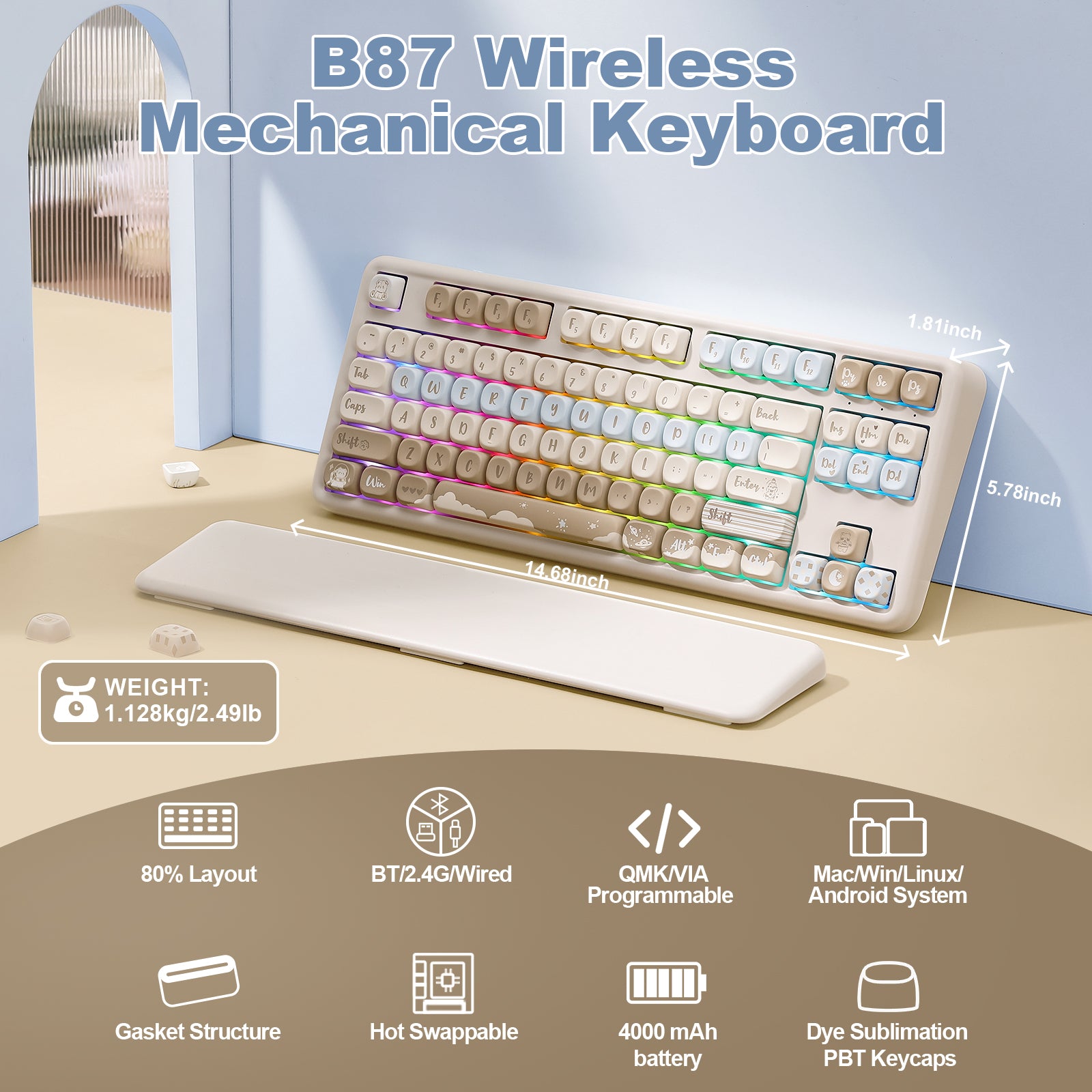 YUNZII B87 QMK/VIA Hot-Swap Mechanical Keyboard with Wrist Rest