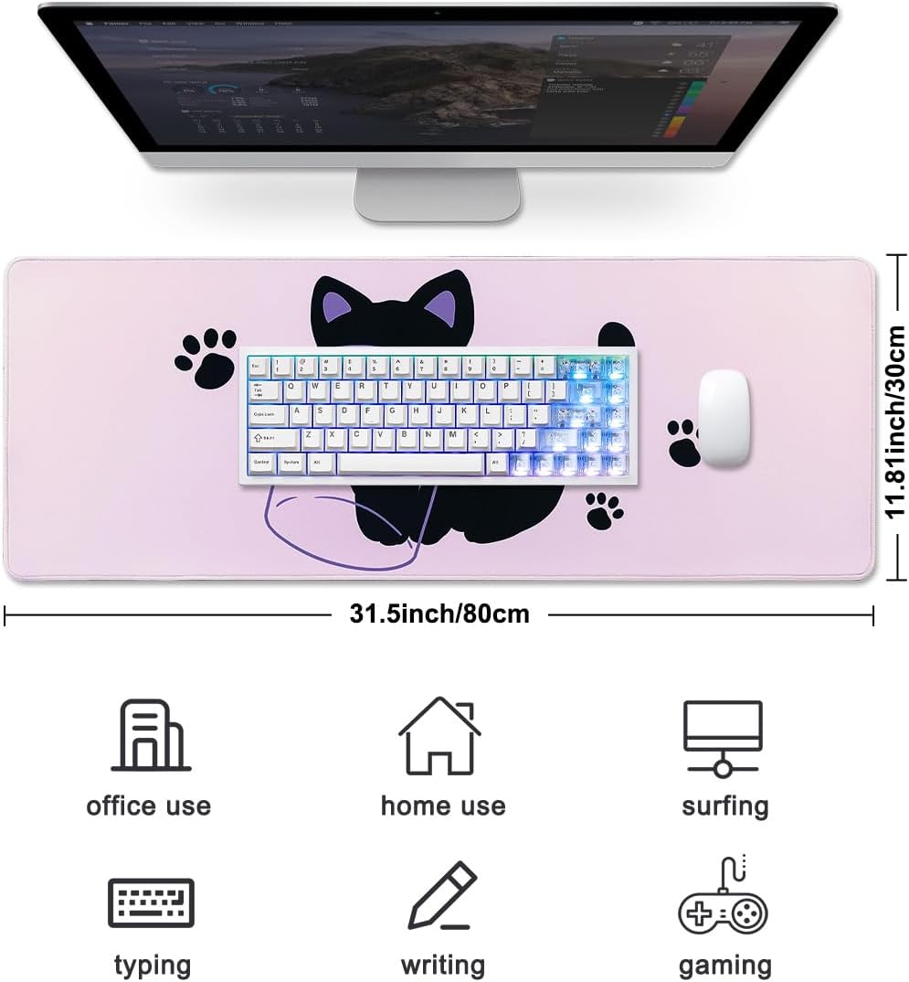 YUZNII Oversized Cartoon Kitten Desk Mat 800x300x3mm Mousepad