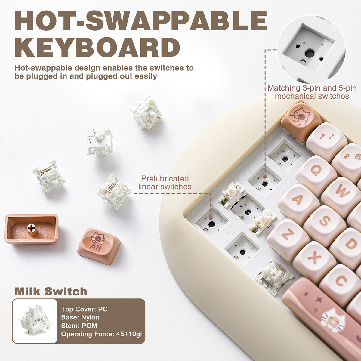 YUNZII C68 Meow Tri-Mode Hot-Swap Hi-Fi Wireless Mechanical Keyboard (Milk Switch)