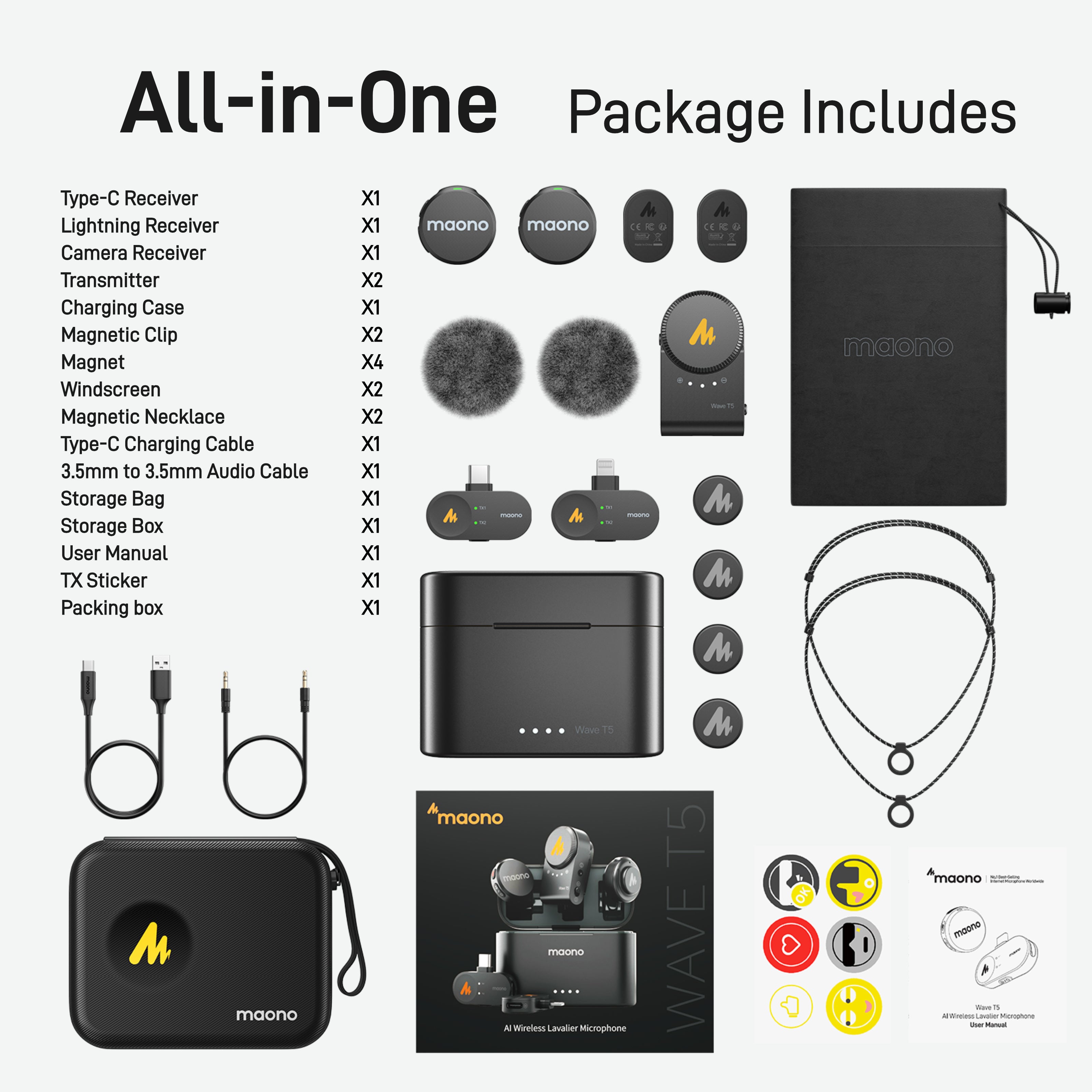 MAONO WAVE T5 Wireless Lavalier Microphone (2MICS) Combo For Carmera / Lightning / Type-C