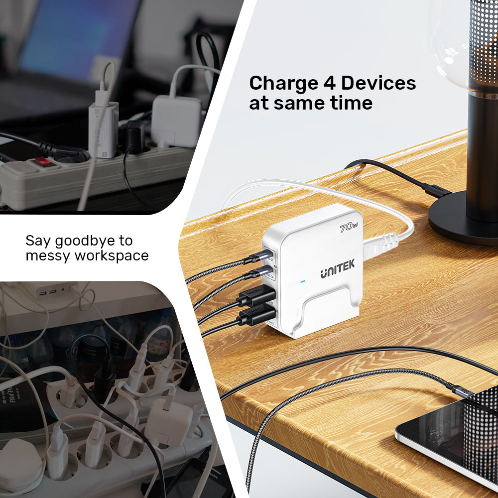 Unitek 70w Desktop GaN Charging Station Supports USB-C*2 PD3.0 (70W) + USB-A*2 QC3.0 (30W), 1.5M AC Power Cord