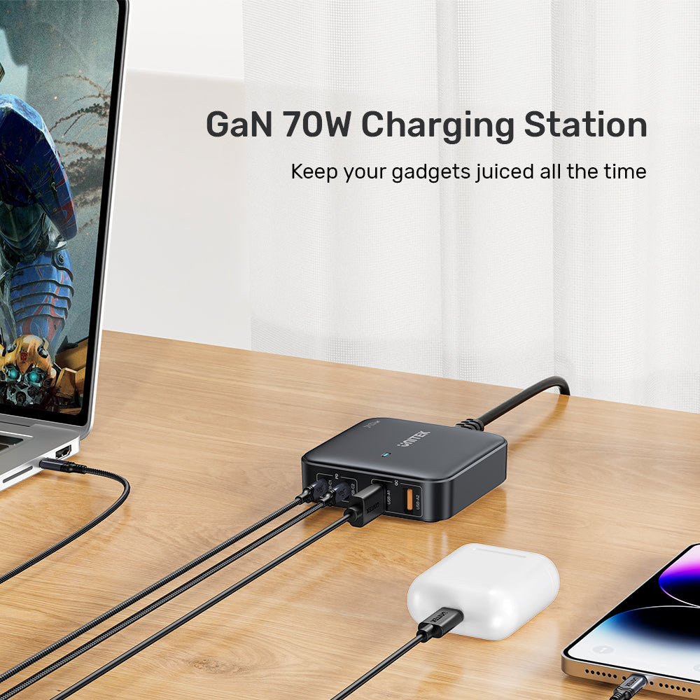 Unitek 70w Desktop GaN Charging Station Supports USB-C*2 PD3.0 (70W) + USB-A*2 QC3.0 (30W), 1.5M AC Power Cord