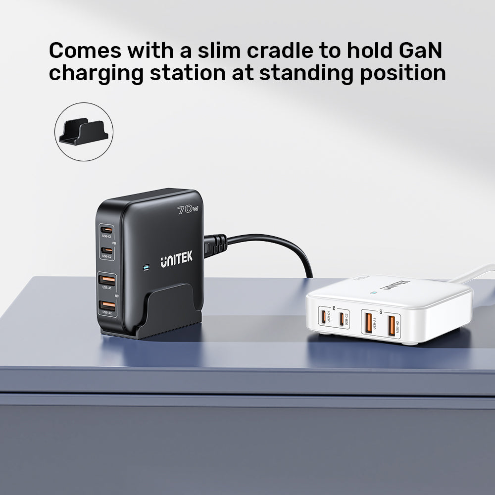 Unitek 70w Desktop GaN Charging Station Supports USB-C*2 PD3.0 (70W) + USB-A*2 QC3.0 (30W), 1.5M AC Power Cord