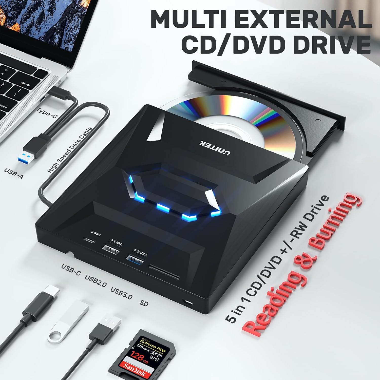 Unitek External CD DVD Driver with 1*USB 3.0 port, 1*USB 2.0 port, 1*USB C 2.0 port, SD Card Reader, CD/DVD Burner