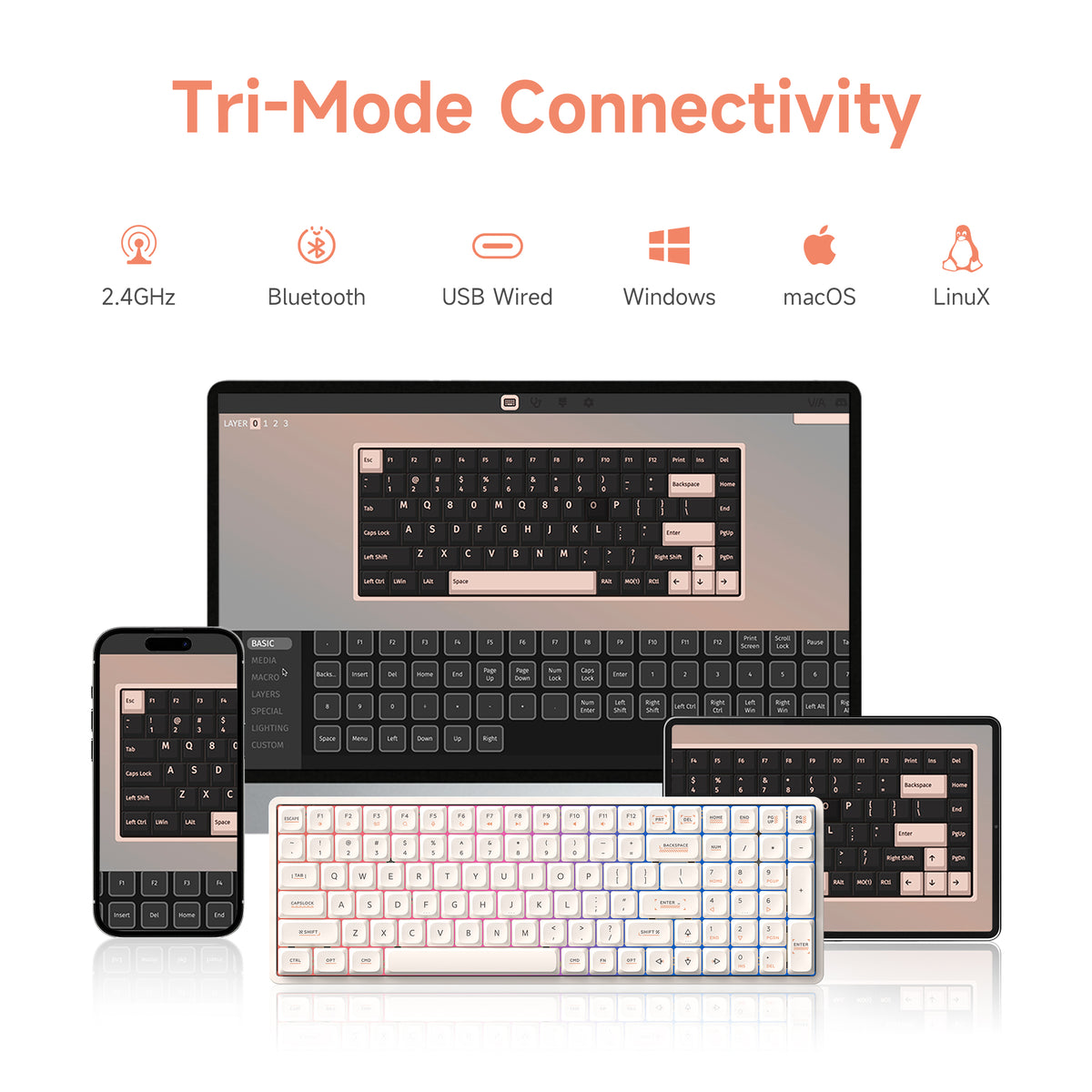 IQUNIX Magi96 Low Profile Aluminum Wireless Mechanical Keyboard - Gold Red Switch (Ochre White)
