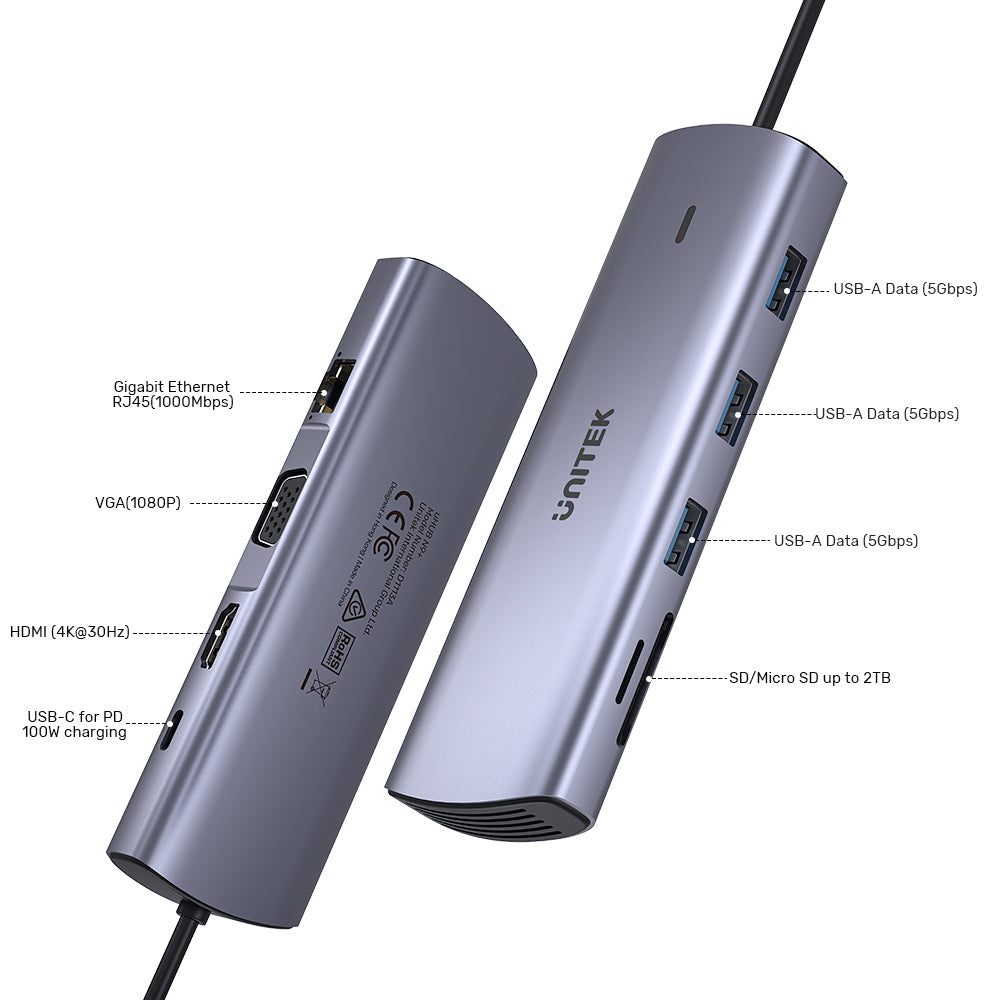 Unitek 9-in-1 USB-C Hub, Dual Display Multi-Port Hub with 100W PD, Gigabit Ethernet and Card Reader