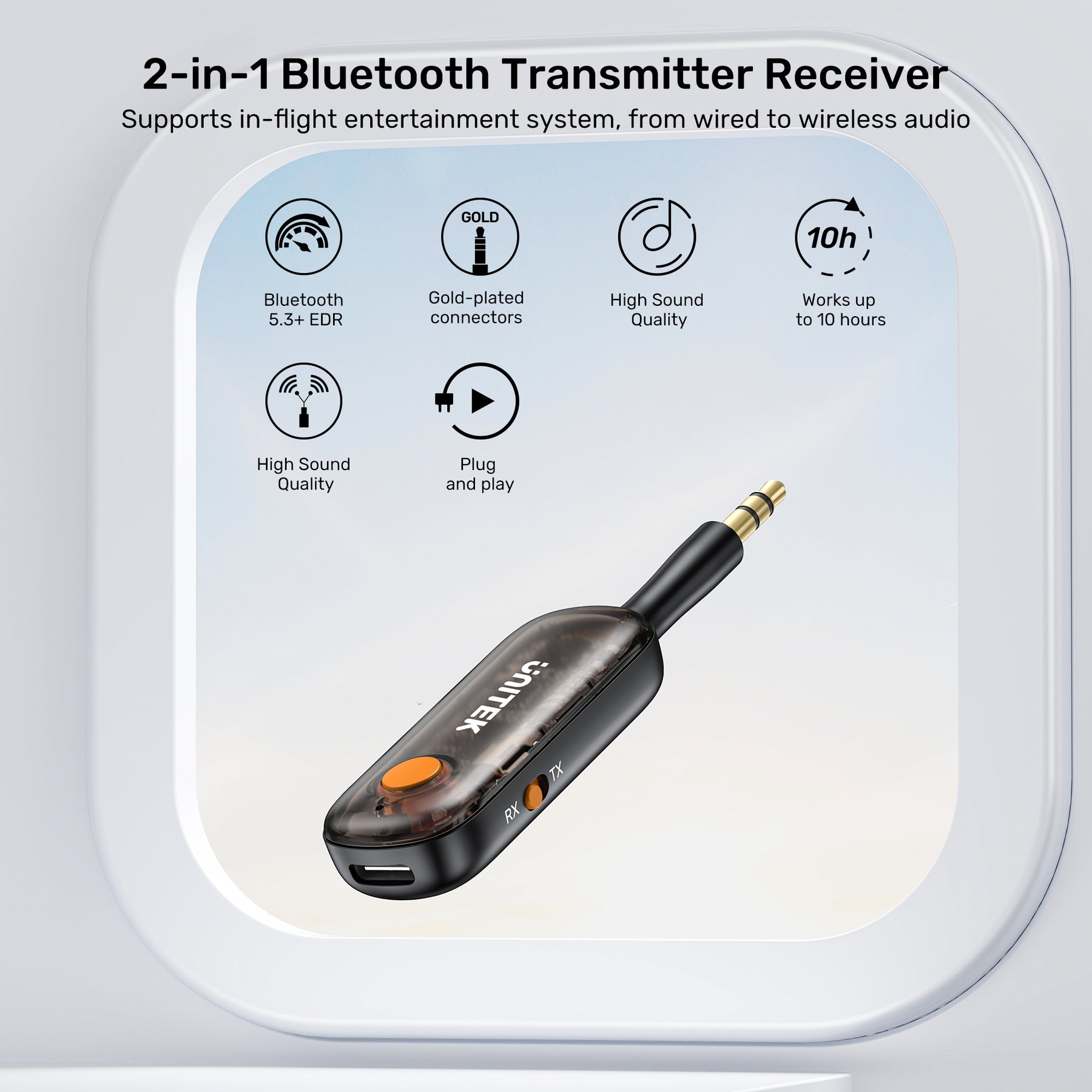 Unitek 2-in-1 Bluetooth 5.3 Transmitter TX/RX Wireless Receiver, Low Latency, 3.5mm Audio Connector, 10m transmission