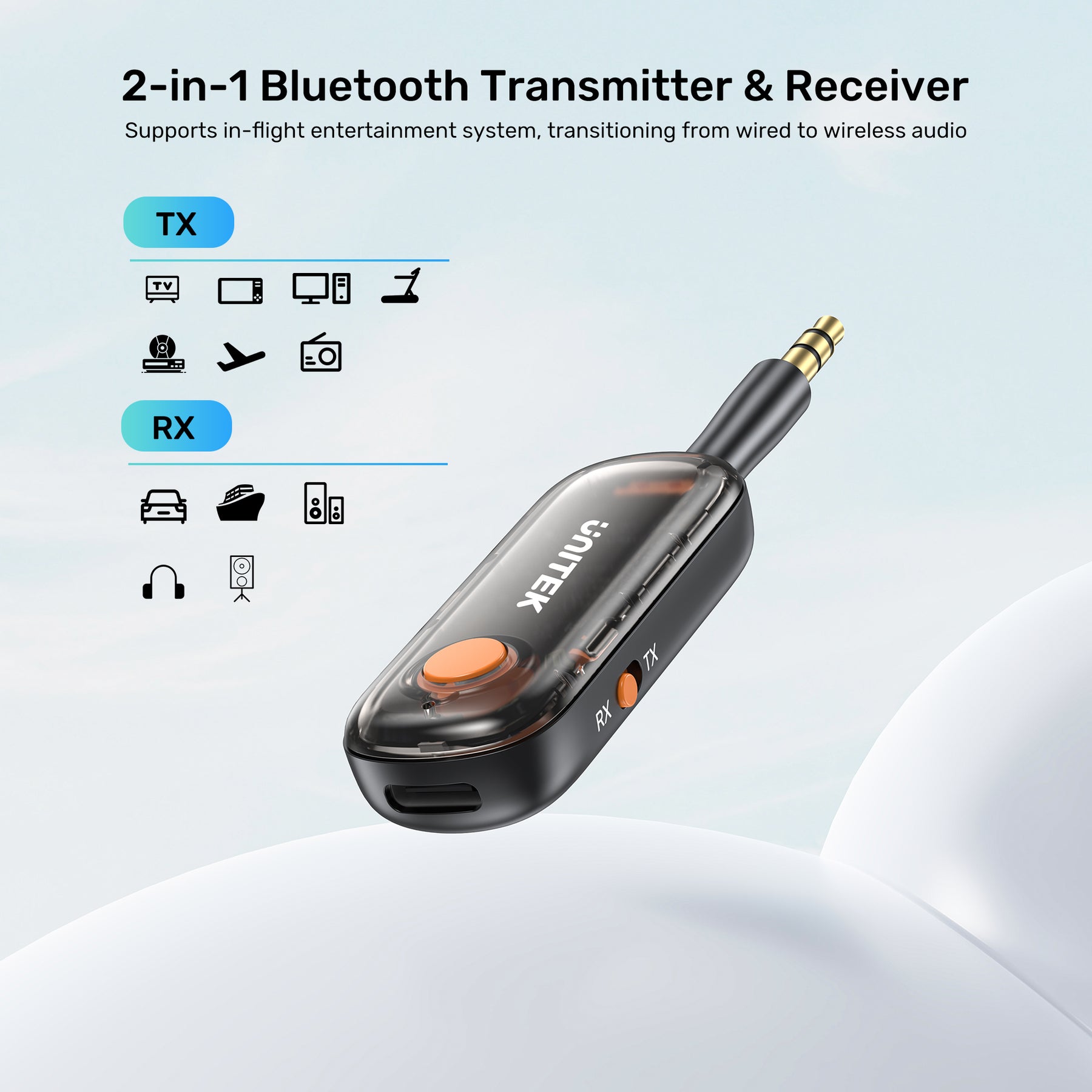 Unitek 2-in-1 Bluetooth 5.3 Transmitter TX/RX Wireless Receiver, Low Latency, 3.5mm Audio Connector, 10m transmission